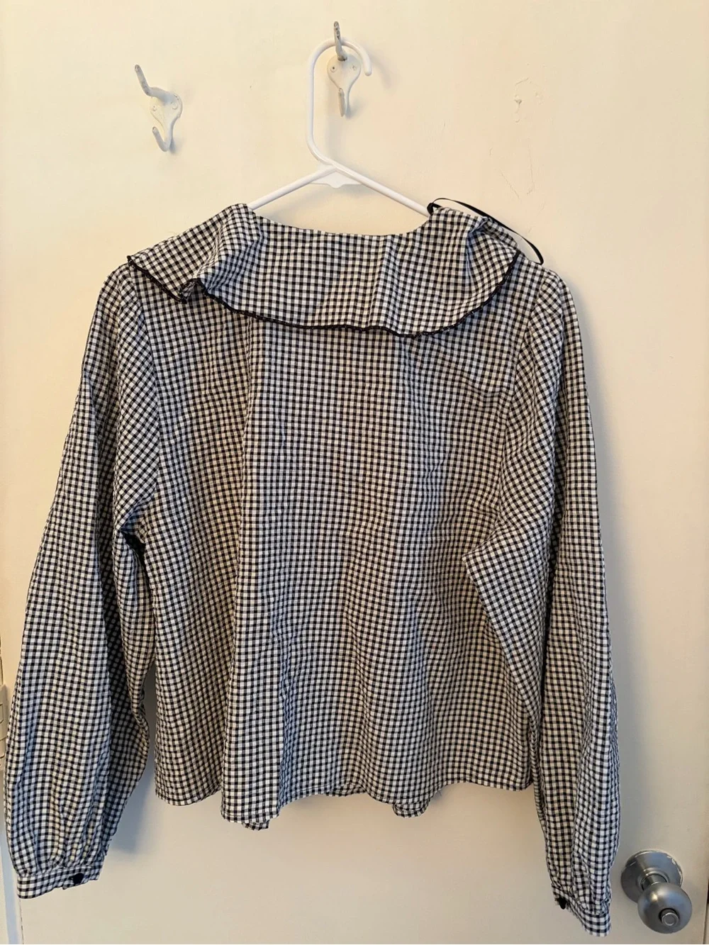 Zara Black and White Gingham Ruffle Tie-Neck Blouse